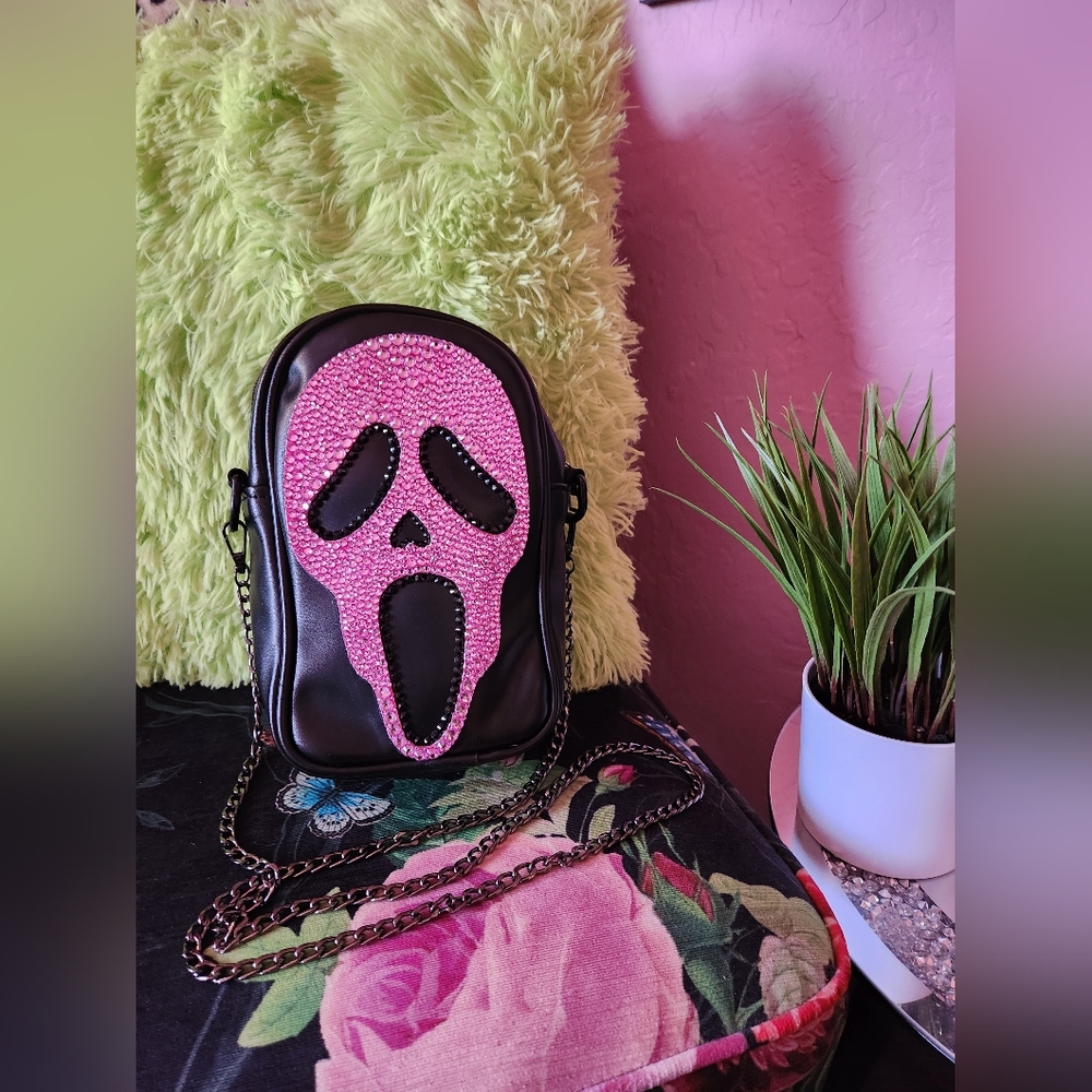 Ghostface Scream Rhinstone Crossbody Bag with Metal Chain Horror Halloween